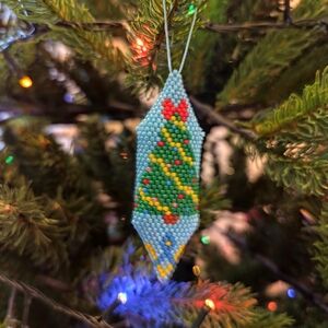 Handmade Blue Beaded Christmas Tree Ornament - Holiday Home Decor